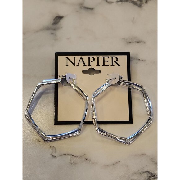 Napier Silver-Tone Geometric Hexagon Hoop Earrings - Picture 1 of 4